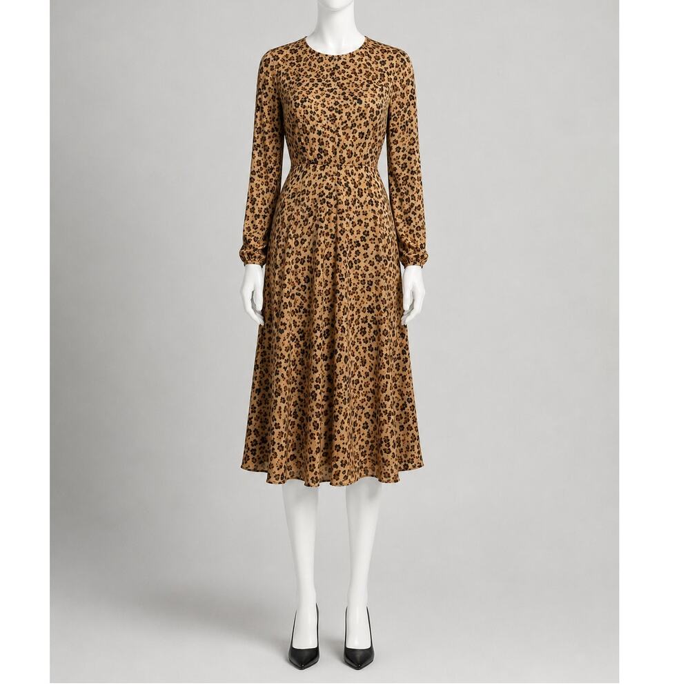 L.K. Bennett Silk Leopard Print Midi Dress sz 6 Designer Long Sleeve cottag boho